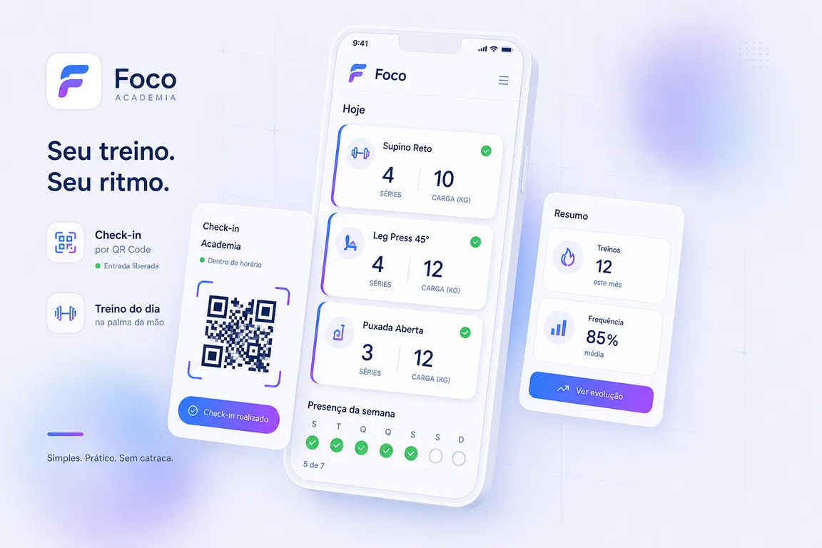 Conceito de app para academia: treino do dia e check-in por QR