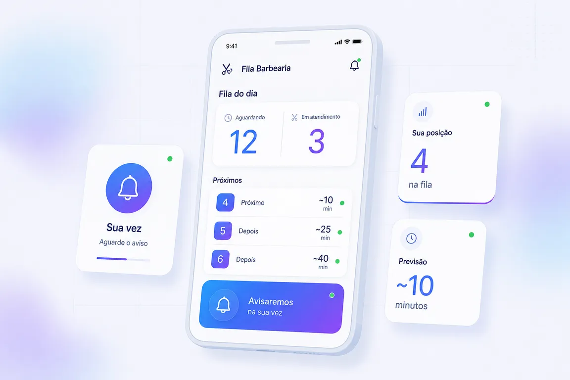 Conceito de app para barbearia: três telas com fila ao vivo