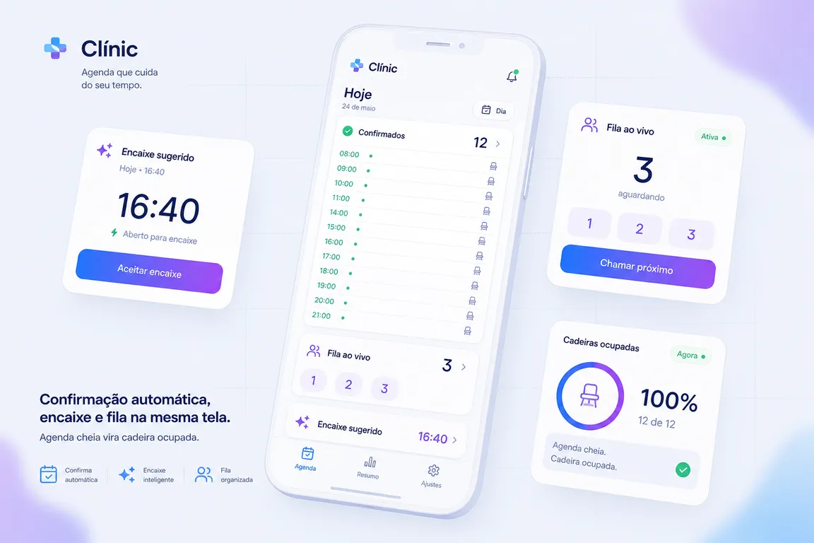 Conceito de app para clínica e consultório: agenda com confirmação e fila