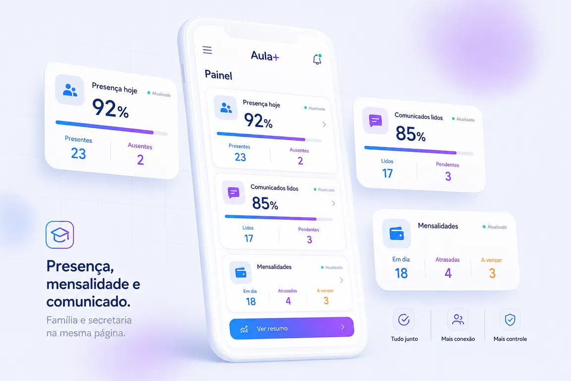 Conceito de app para escolas e cursos: presença, mensalidade e comunicados