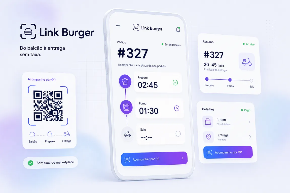 Conceito de app para hamburgueria: esteira de pedidos com QR