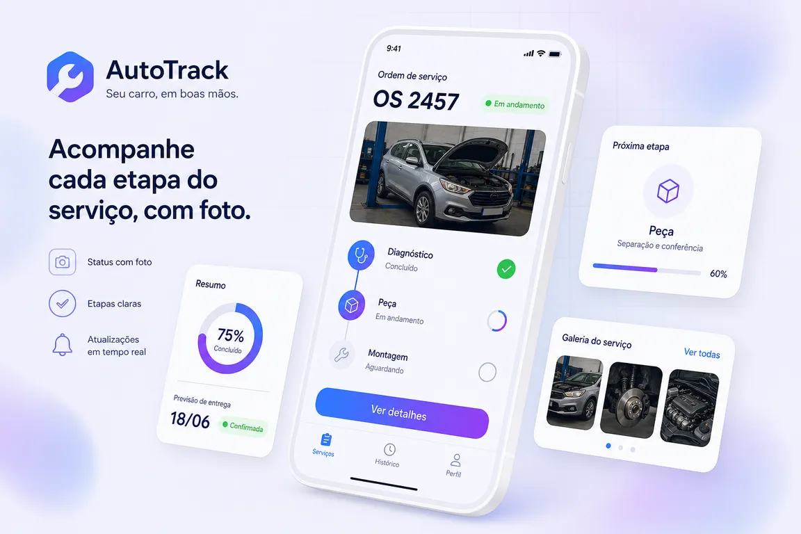 Conceito de app para oficina mecânica: ordem de serviço com foto do carro
