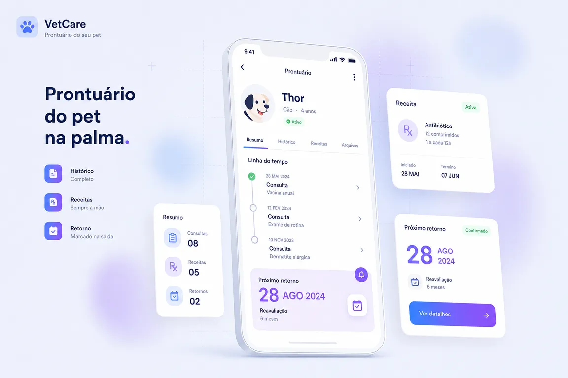 Conceito de app para clínica veterinária: prontuário do pet